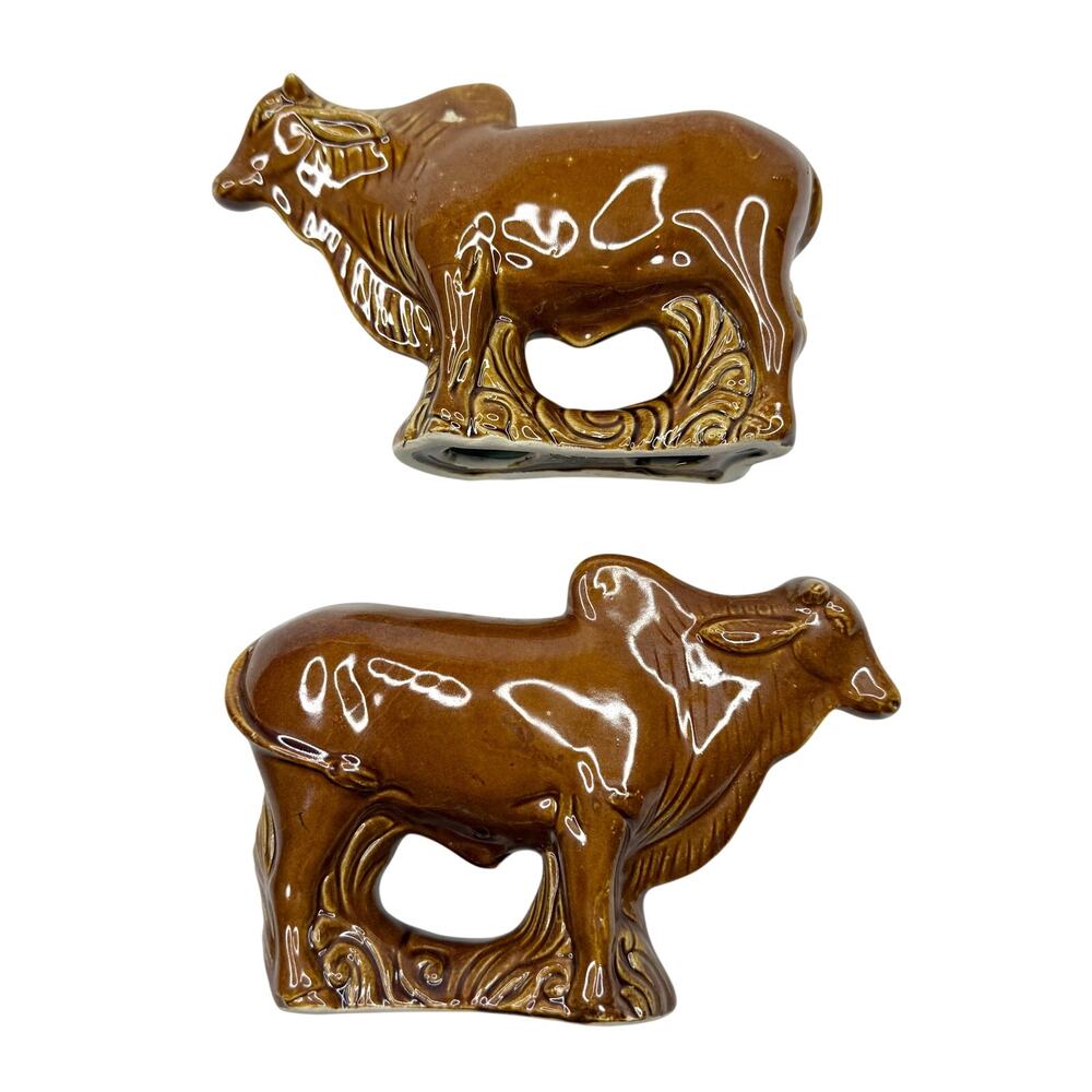 Pair of Glazed Ceramic Brown Cows Made in Brazil